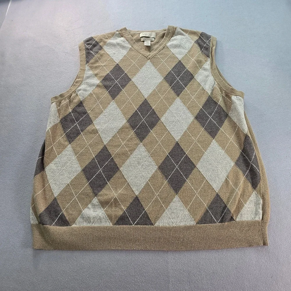 Banana Republic Mens XL Argyle Sweater Vest Tan Cotton Cashmere V-Neck Knit